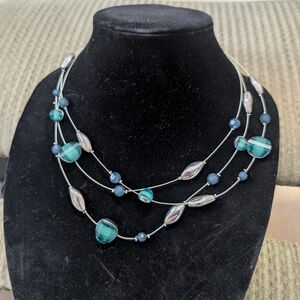 Elegant Multi-Strand Necklace with Blue/Green and Silver Beads